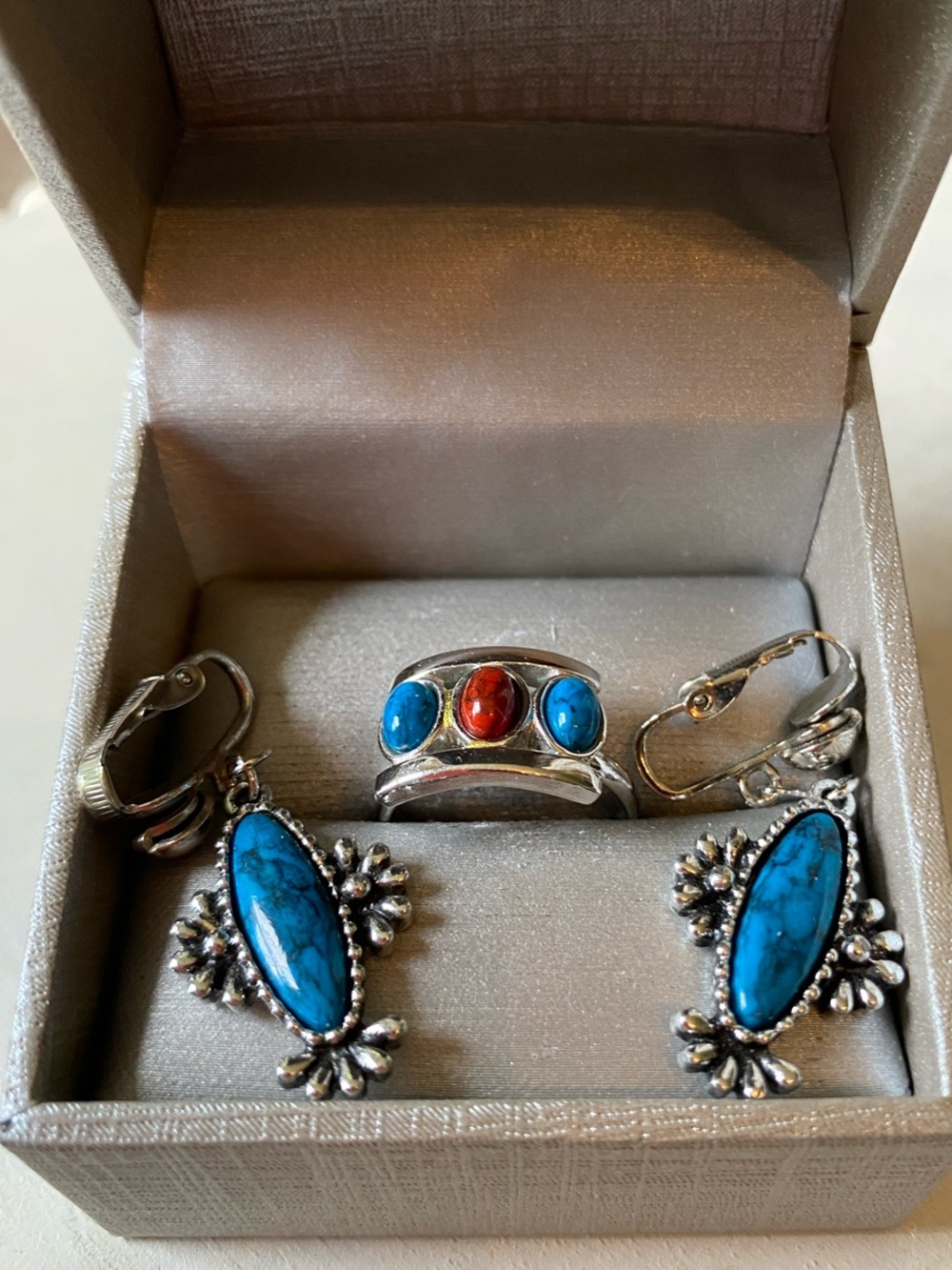 Sarah Coventry Turquoise Ring & Squash Blossom Style Dangle clip ons